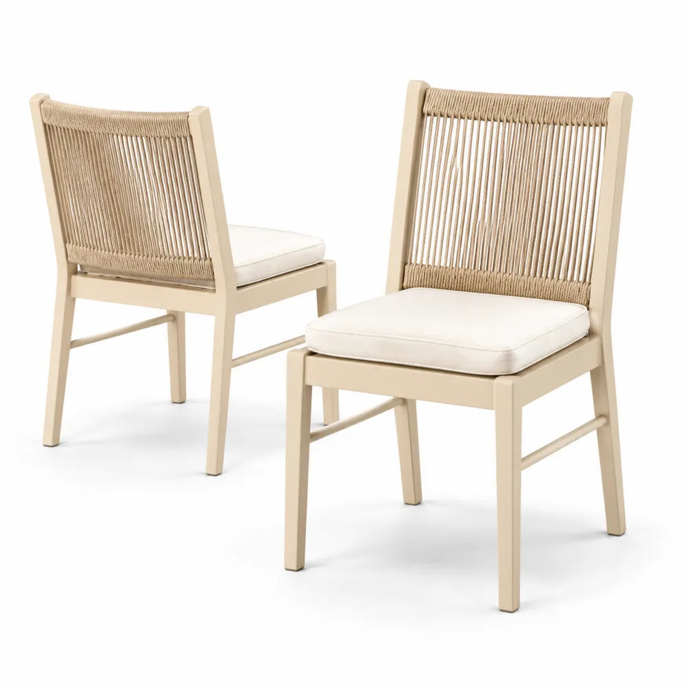 Holzstuhl-Set mit Polster und Seilrücken, Beige