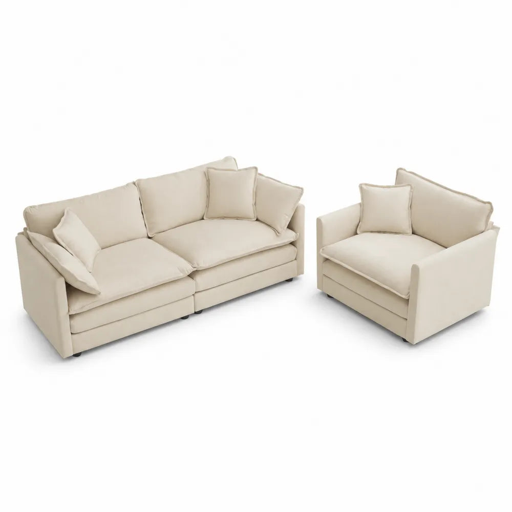 Beiges Sofa- und Sessel-Set aus Baumwoll-Leinen