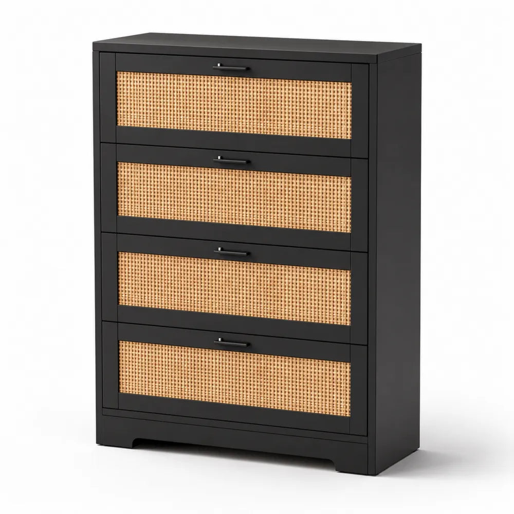 Schwarz Kommode mit MDF und Rattan, 4 Schubladen, 120cm x 80cm x 40cm