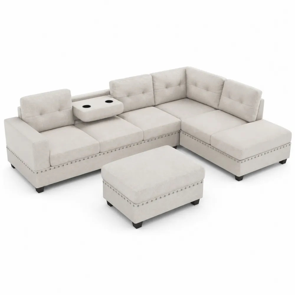 Beiges Ecksofa-Set mit Hocker und Getränkehaltern