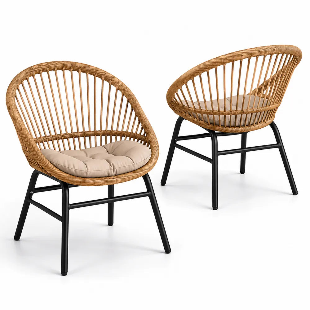 2-tlg. Gartenstuhl-Set aus Rattan mit Metallrahmen und Kissen Beige