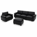 Schwarzes 3-teiliges Ledersofa-Set mit Sessel und Hocker