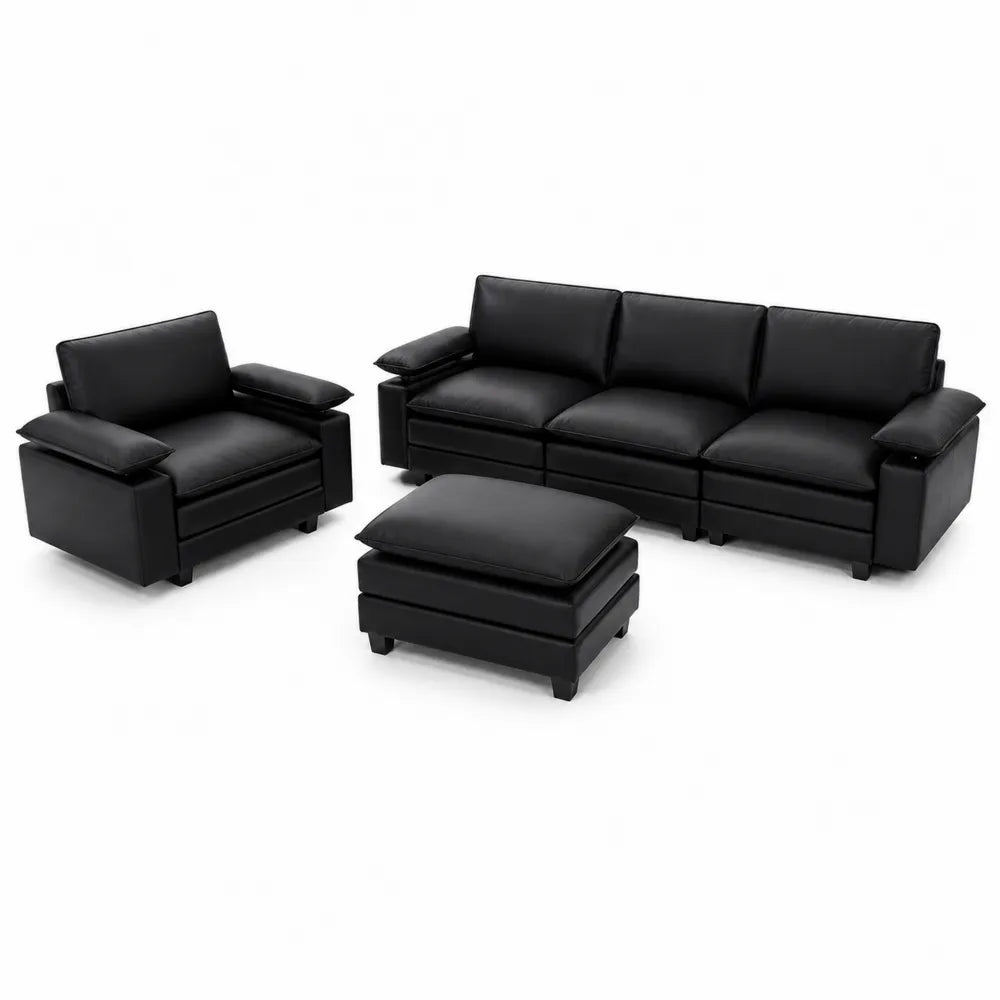 Schwarzes 3-teiliges Ledersofa-Set mit Sessel und Hocker
