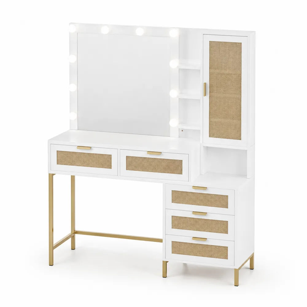 Holz Schminktisch mit Spiegel und LED, Weiß und Gold