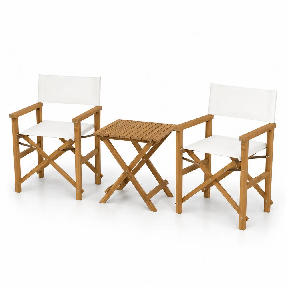3-teiliges Gartenmöbel-Set aus Holz mit Klappstühlen und Tisch, Weiß