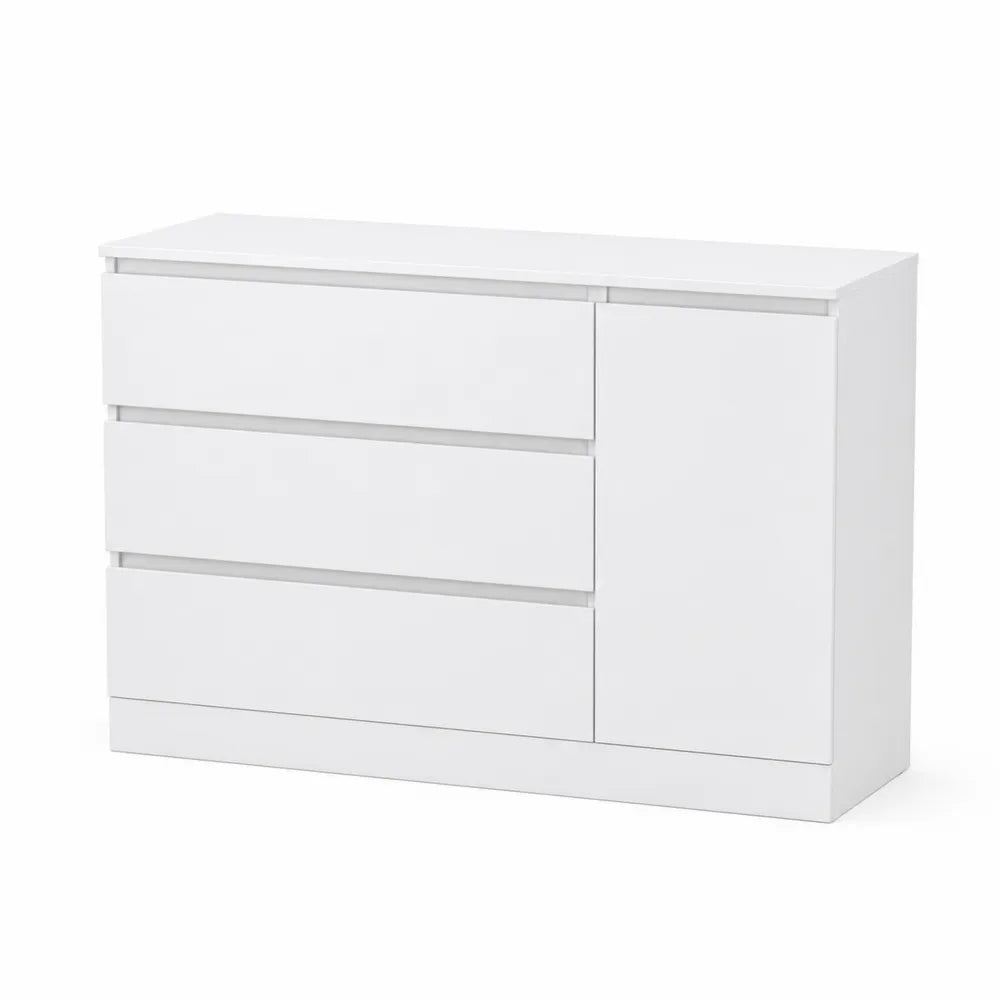 Weiße Kommode mit 3 Schubladen und 1 Tür Holzwerkstoff