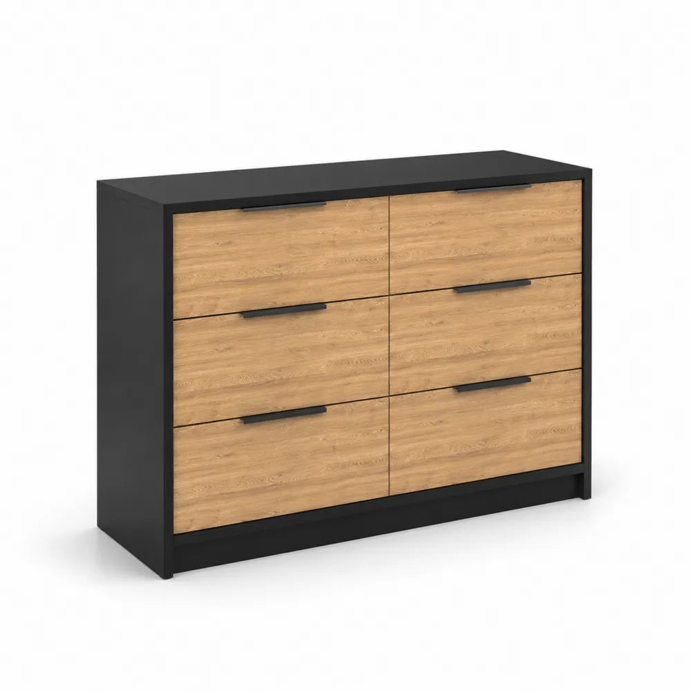 Kommode mit 6 Schubladen aus MDF in Schwarz und Holzoptik
